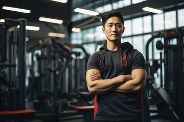 Strength Training Gym - Young Man Poses with Weights. Fictional characters created by Generated AI.