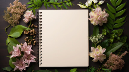 white blank notepad lies on the table, top view, flowers, plants, space for text, layout, business, office, stationery, sheet of paper, school, work, background, empty page, green, education
