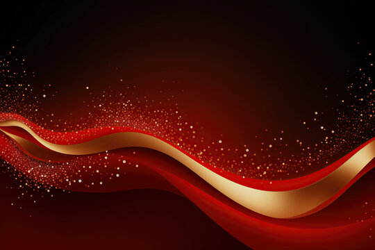 Abstract red background with golden waves and sparkles. Vector illustration. © kmmind
