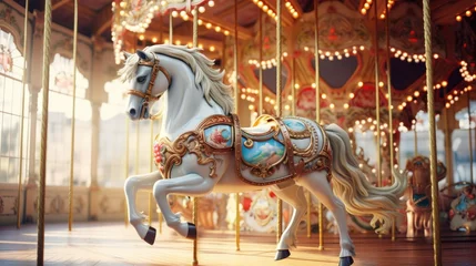 Tuinposter Amusement park ride featuring decorated horse © vxnaghiyev
