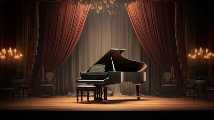 Brown curtain backdrop on concert stage with grand piano - obrazy, fototapety, plakaty