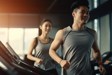 fitness couple working out in the gym. Fictional characters created by Generated AI.