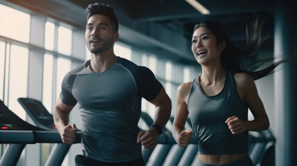 Fototapeta na wymiar Fitness Center Couple - A Man and a Woman Running on Treadmills. Fictional characters created by Generated AI.