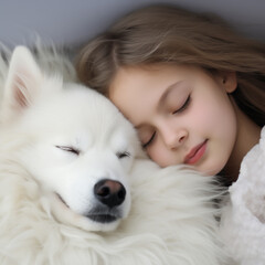 girl and dog have a sweet sleeping, smile on face,full of love