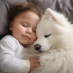 Baby and puppy doy sleeping happy and quiet together
