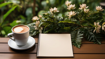 white blank notepad lies on the table, top view, cup of coffee, flowers, plants, space for text, layout, business, office, stationery, sheet of paper, school, work, background, empty page, green