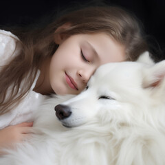 girl and dog have a sweet sleeping, smile on face,full of love