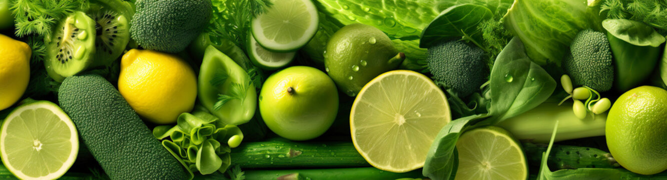 Banner layout of green fruits and vegetables.