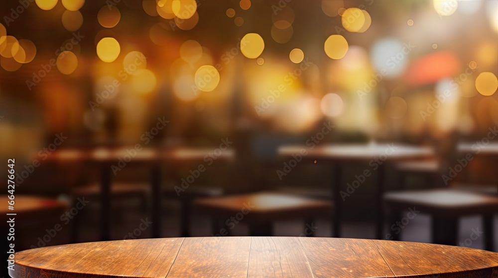 Poster Blurred cafe bokeh as a backdrop for displaying your product on an empty table