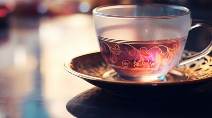 Blurred treatment of an Islamic teacup close up - obrazy, fototapety, plakaty