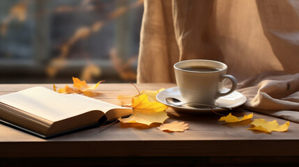 coffee or tea and open book on table of courtyard in autumn, cozy lifestyle