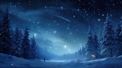 Naklejka premium Christmas Eve winter forest snow starry sky comet