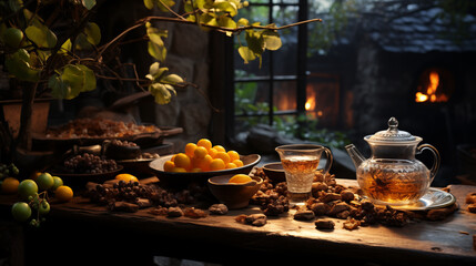 tea,teapot and dessert on table of courtyard in autumn, warm fireplace in the other side,cozy lifestyle