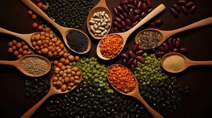 Blend of various legumes and lentils on a cloth backdrop - obrazy, fototapety, plakaty