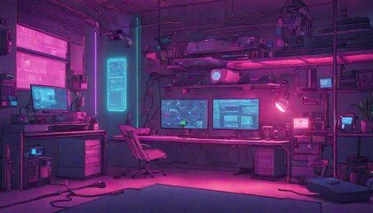 A cyberpunk hacker's den bedroom with neon-lit screens, holographic keyboards, and a high-tech workstation - obrazy, fototapety, plakaty