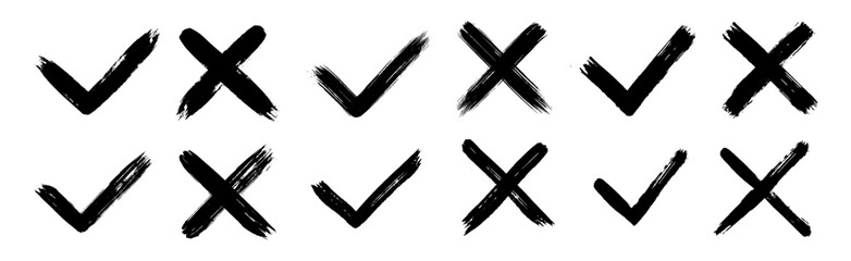 Dirty grunge hand drawn with brush strokes cross X and tick OK check marks V vector illustration set isolated on white background. Check mark symbol NO and YES buttons for vote in the box, web, etc - obrazy, fototapety, plakaty