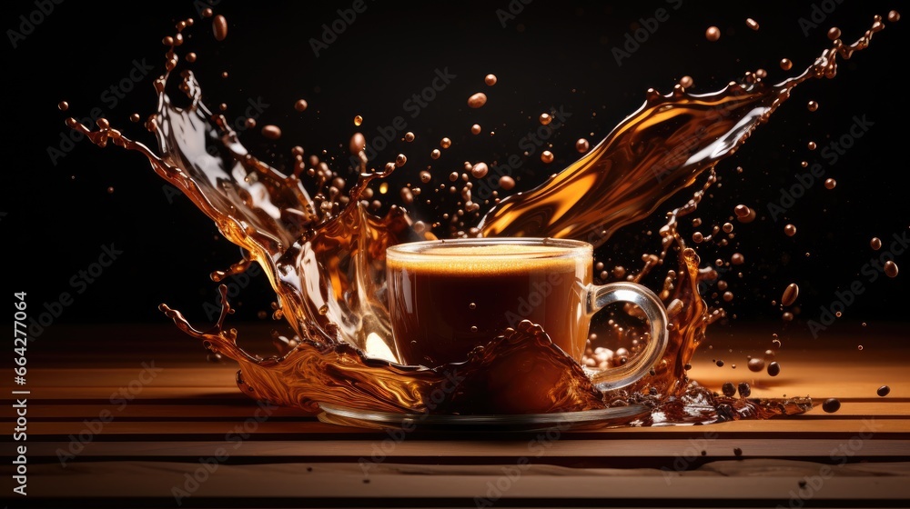 Poster coffee beans splashing on a brown backdrop