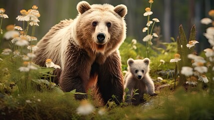 Obraz premium Brown bears known as she bear and cubs inhabit their natural habitat among white flowers in the summer forest on the bog