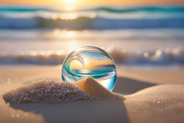 Glass beads on the beach. Generative Ai.