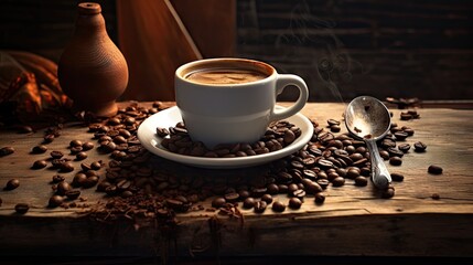 Coffee cup on wooden table with sugar spoon and coffee beans