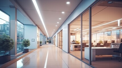 Blurred office corridor with defocused effect ideal for business concept backdrop - obrazy, fototapety, plakaty