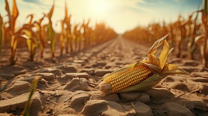 Concept of global food crisis due to corn crop failure in an agricultural field during drought heat and resulting in global economic crisis hunger and poverty - obrazy, fototapety, plakaty