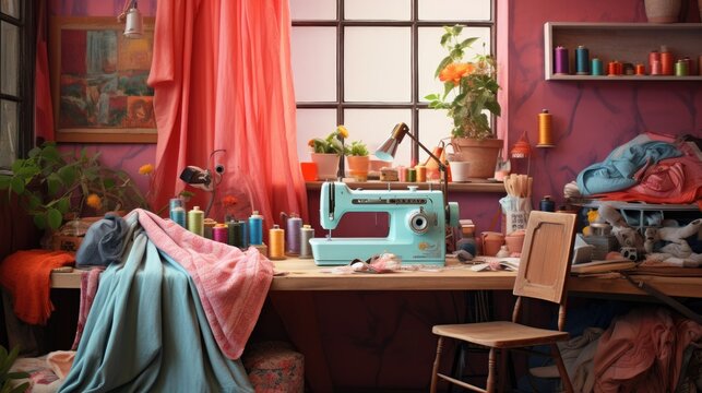 Actual image of vibrant room with desk sewing machine and thread