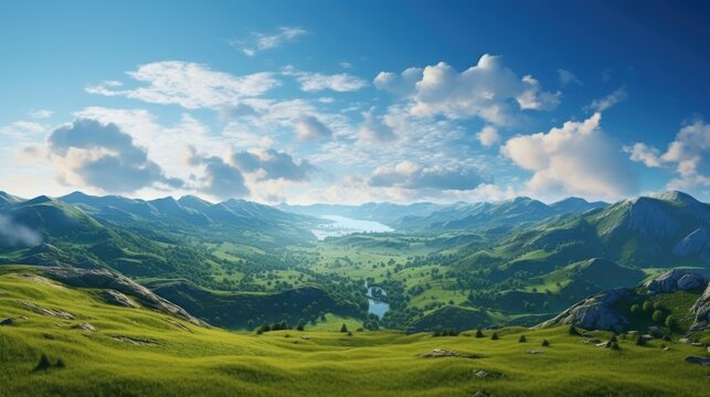 Beautiful mountainous landscape photo with blue sky and clouds