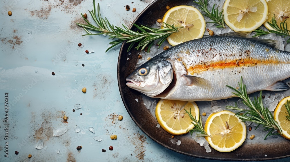 Poster bird s eye view of fish lemon and rosemary in pan on rustic table seafood preparation from above lux