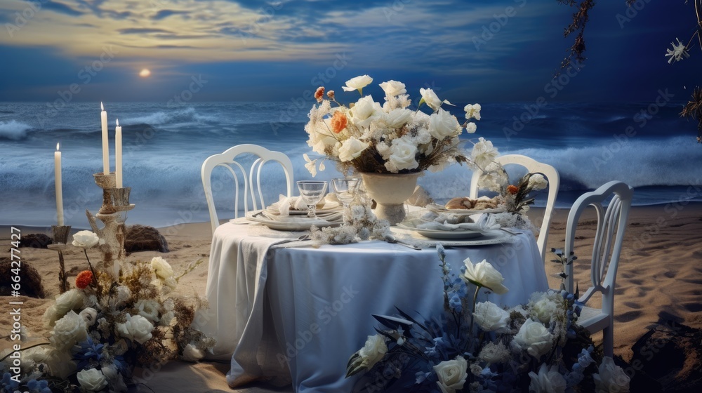 Poster beach event or wedding reception table setup