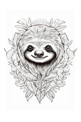 coloring page with mandala ornaments of a sloth head in a line art hand drawn style