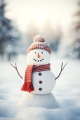 Snowman with scarf and hat in winter forest. Christmas background.