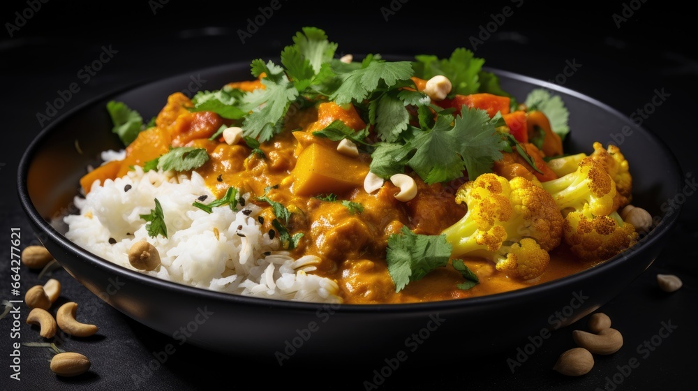 Poster cauliflower chickpea and butternut squash curry topped with peanuts served with rice and cilantro