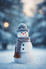 Snowman with scarf and hat in winter forest. Christmas background.