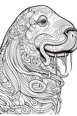 coloring page with mandala ornaments of a walrus or sea lion in a line art hand drawn style