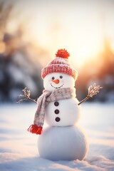 Snowman with scarf and hat in winter forest. Christmas background.