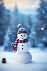 Snowman with scarf and hat in winter forest. Christmas background.