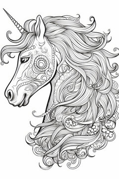 coloring page with mandala ornaments of a unicorn head in a line art hand drawn style
