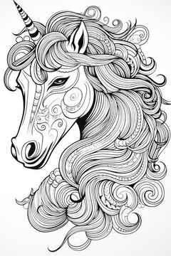 coloring page with mandala ornaments of a unicorn head in a line art hand drawn style