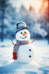Snowman with scarf and hat in winter forest. Christmas background.