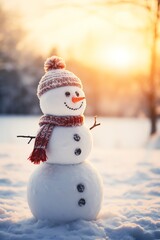 Snowman with scarf and hat in winter forest. Christmas background.
