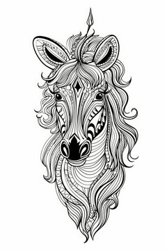 coloring page with mandala ornaments of a zebra head in a line art hand drawn style