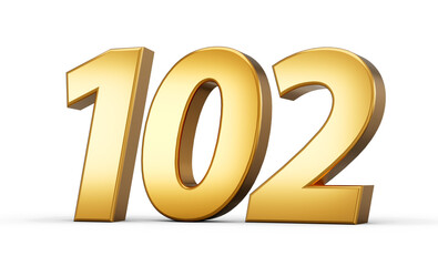 3d number 102 one hundred two Gold text isolated on white background 3d illustration