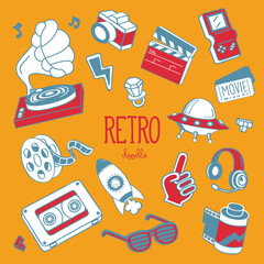 Doodle retro objects. Hand drawn vector illustration of retro items.