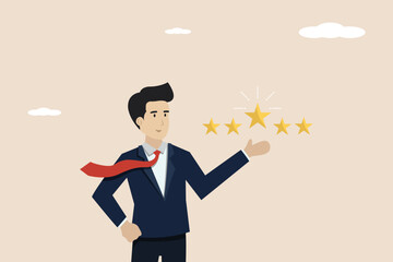 Customer feedback 5 stars rating, business reputation and satisfaction concept, best quality, confident businessman gives 5 stars rating.