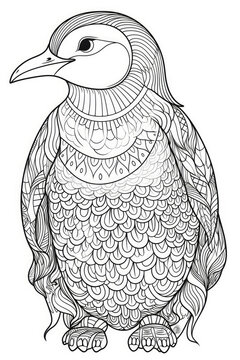 coloring page with mandala ornaments of emperor penguin in a line art hand drawn style