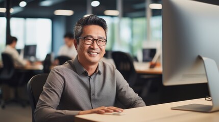 A smiling Asian man working in a modern office setting. Fictional characters created by Generated AI. - obrazy, fototapety, plakaty