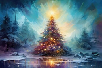 Christmas tree in winter forest, starry night ,full moon.