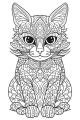 Cute cat coloring page with mandala element in a line art hand drawn style for kids