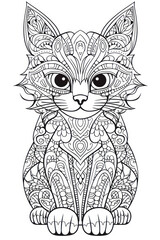 Obraz premium Cute cat coloring page with mandala element in a line art hand drawn style for kids